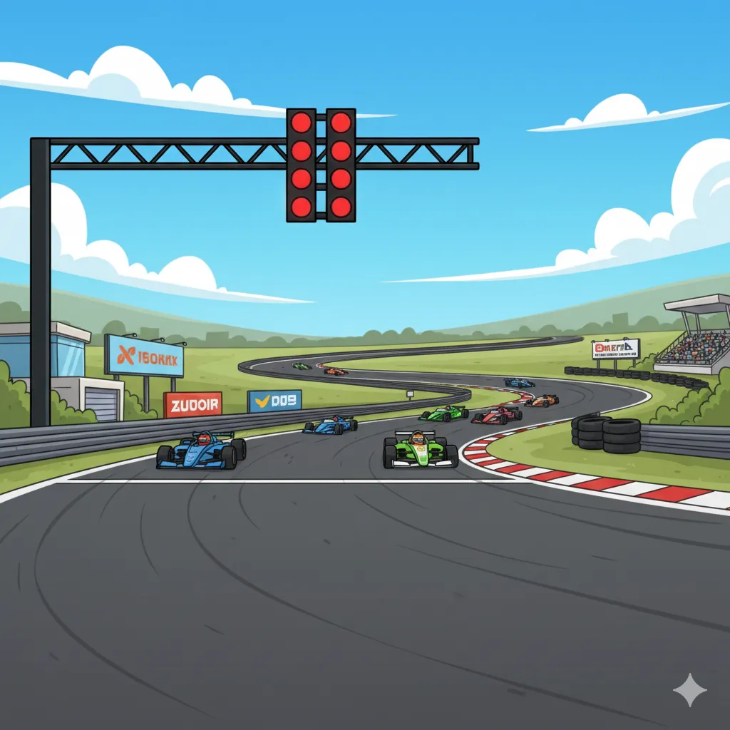 Dynamic racing track background with flowing curves representing continuous coding improvement and competitive spirit